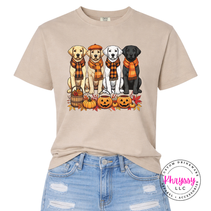 Sandstone Comfort Colors tee styled for fall with a puppy scarves graphic.