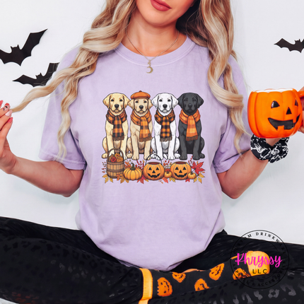 Orchid tee with the yellow black and white labs autumn print
