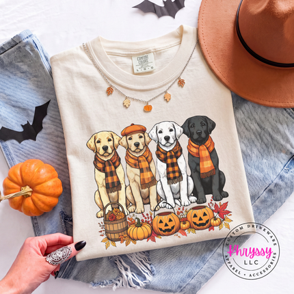 Ivory tee with the lab dogs with pumpkins fall design