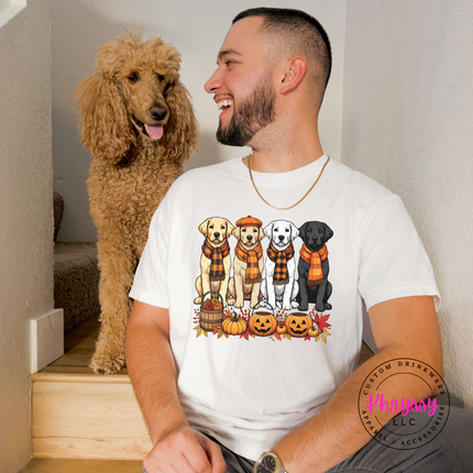 White pigment-dyed tee with a sweet labrador pumpkin patch design.