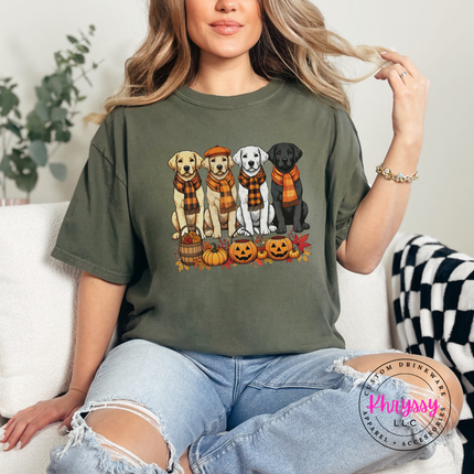 Sage tee with the dog lover fall labs and pumpkins graphic