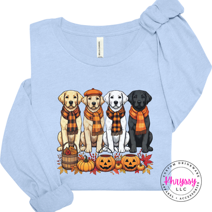 Baby Blue long sleeve tee with the lab dogs with pumpkins fall design
