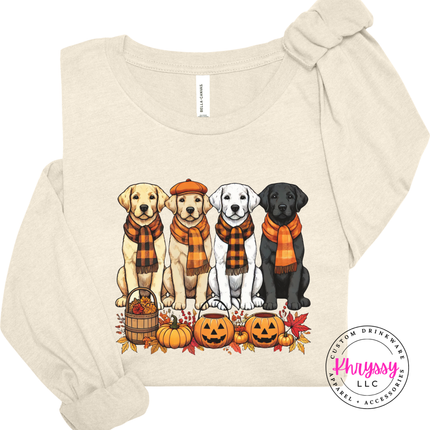 Heather Natural long sleeve featuring four scarf-wearing puppies and pumpkins.