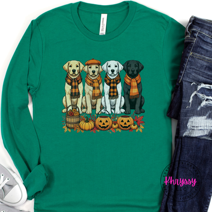 Kelly long sleeve tee with the yellow black and white labs autumn print