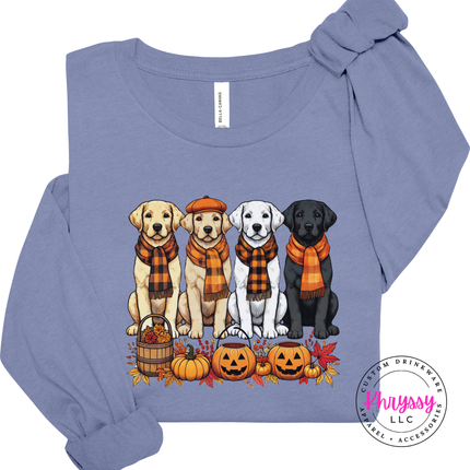 Lavender Blue long sleeve tee with the dog lover fall labs and pumpkins graphic