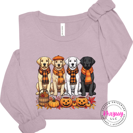 Light Violet long sleeve tee with the fall Labrador retrievers in plaid scarves graphic
