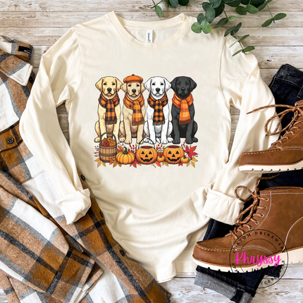 Natural lightweight cotton long sleeve with a cozy fall labrador pumpkin patch print.