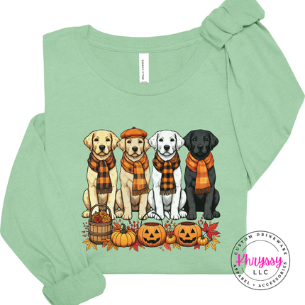 Mint long sleeve tee with the yellow black and white labs autumn print