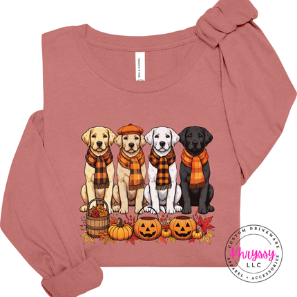 Mauve long sleeve tee with the lab dogs with pumpkins fall design