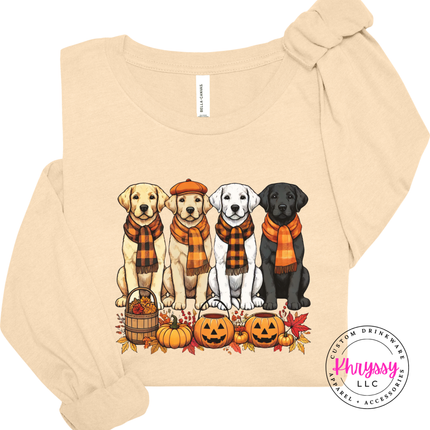 Soft Cream long sleeve styled for fall with a puppy scarves graphic.
