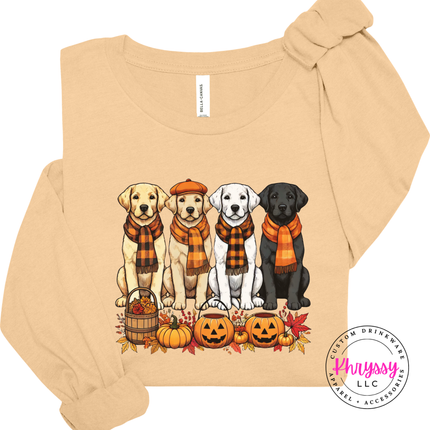 Sand Dune long sleeve tee with the fall Labrador retrievers in plaid scarves graphic