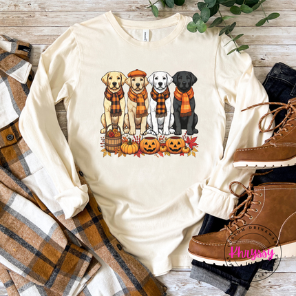 Natural long sleeve tee with the dog lover fall labs and pumpkins graphic