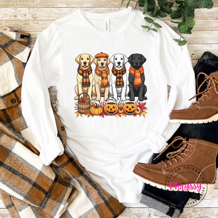 Solid White Blend long sleeve with a sweet labrador pumpkin patch design.