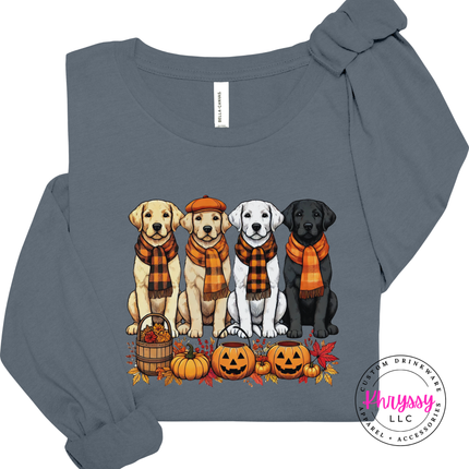 Steel Blue long sleeve tee with the lab dogs with pumpkins fall design