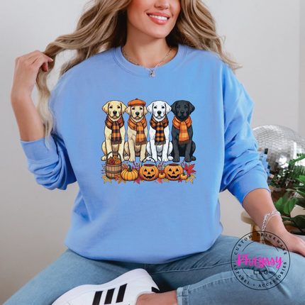 Carolina Blue crewneck sweatshirt with the fall Labrador retrievers in plaid scarves graphic