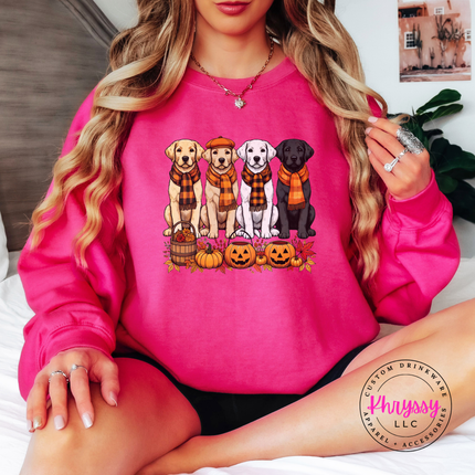Safety Pink crewneck sweatshirt with the yellow black and white labs autumn print