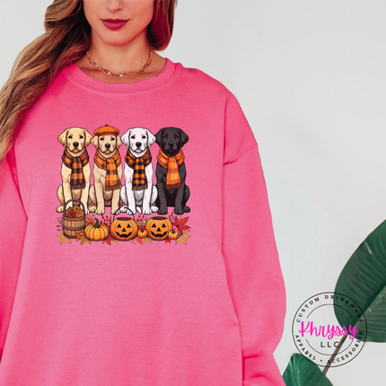 Heliconia crewneck sweatshirt with the lab dogs with pumpkins fall design