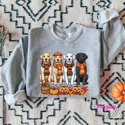 Sport Grey crewneck sweatshirt with the fall Labrador retrievers in plaid scarves graphic