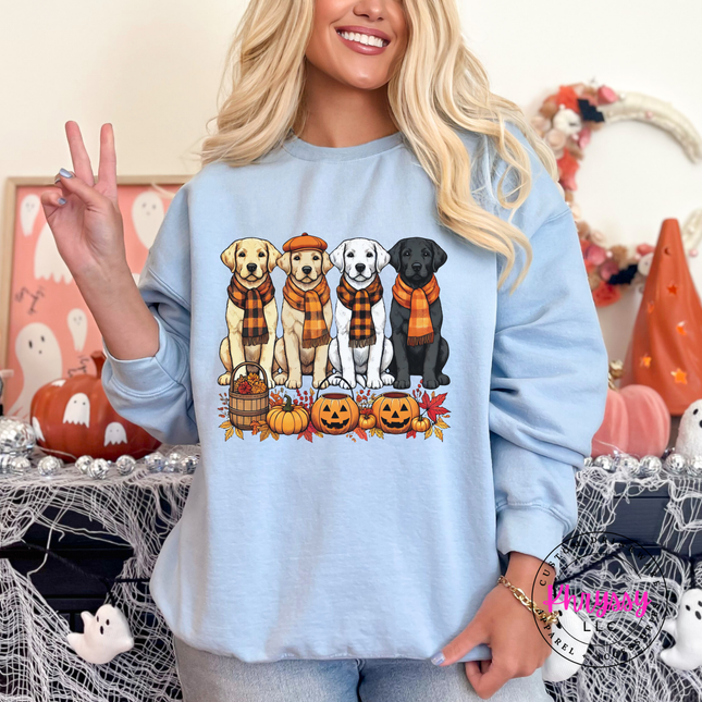 Light Blue heavyweight crewneck with a cozy fall labrador pumpkin patch print.