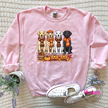 Light Pink crewneck sweatshirt with the fall Labrador retrievers in plaid scarves graphic
