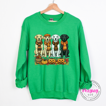 Irish Green crewneck sweatshirt with the yellow black and white labs autumn print