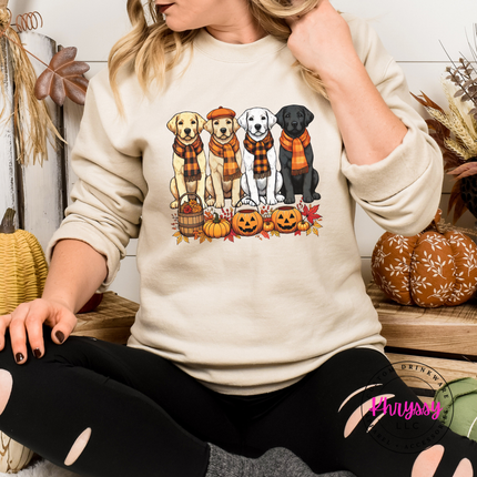 Sand crewneck sweatshirt styled for fall with a puppy scarves graphic.
