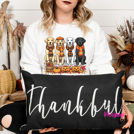 White fleece crewneck with a sweet labrador pumpkin patch design.