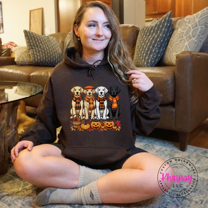 Cozy Dark Chocolate fleece hoodie featuring four scarf-wearing puppies and pumpkins.