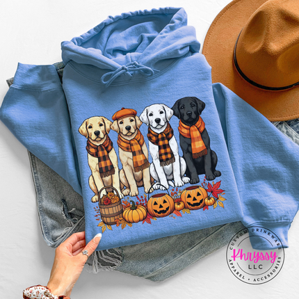 Carolina Blue hoodie with the yellow black and white labs autumn print