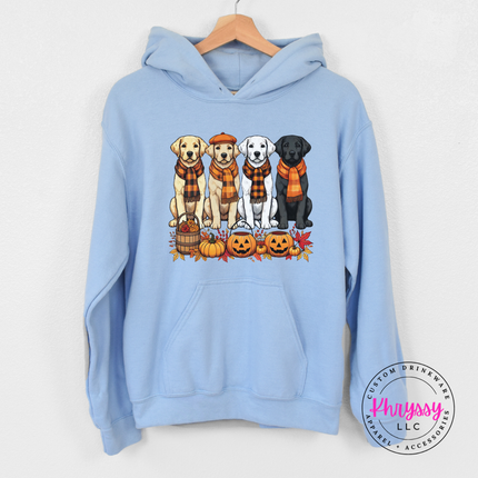 Light Blue hoodie with kangaroo pocket showing a cozy fall labrador pumpkin patch print.