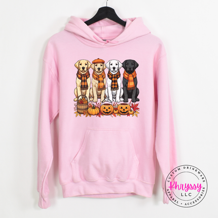 Light Pink hoodie with the lab dogs with pumpkins fall design