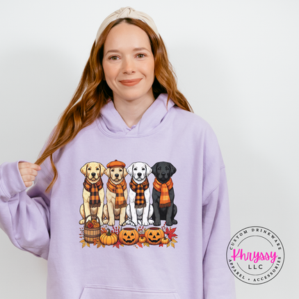 Orchid hoodie with the dog lover fall labs and pumpkins graphic