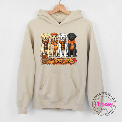 Sand heavyweight hoodie styled for fall with a puppy scarves graphic.