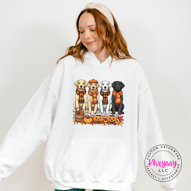 White fleece hoodie with drawstring hood and a sweet labrador pumpkin patch design.