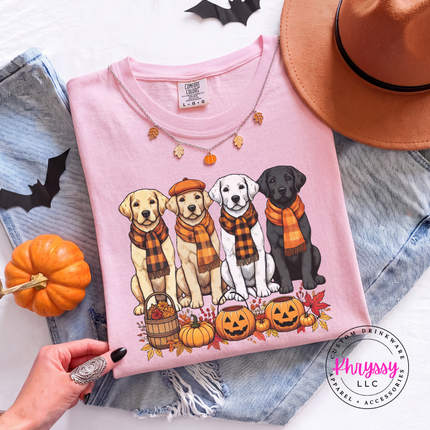 Blossom tee with the fall Labrador retrievers in plaid scarves graphic