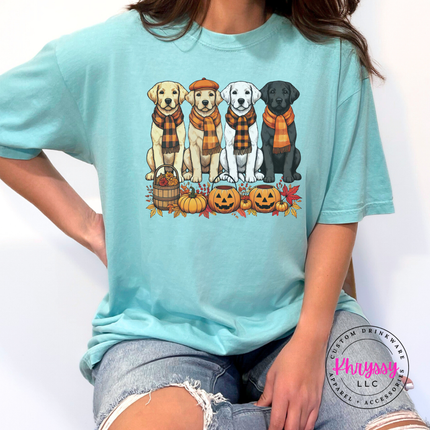 Chalky Mint tee with the lab dogs with pumpkins fall design