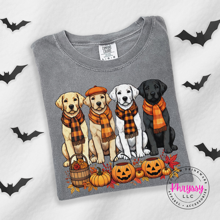 Gray tee with the yellow black and white labs autumn print