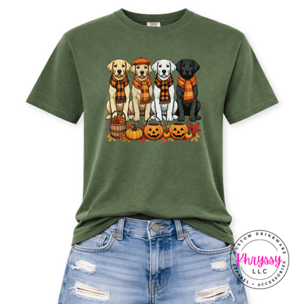 Soft Hemp pigment-dyed tee featuring four scarf-wearing puppies and pumpkins.