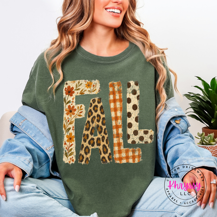 Moss shirt featuring autumn-patterned FALL text design.