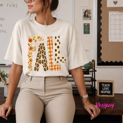 Ivory tee with the fall patterned letters leopard and polka dot design