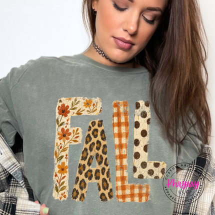 Moss tee with the autumn leopard print FALL graphic