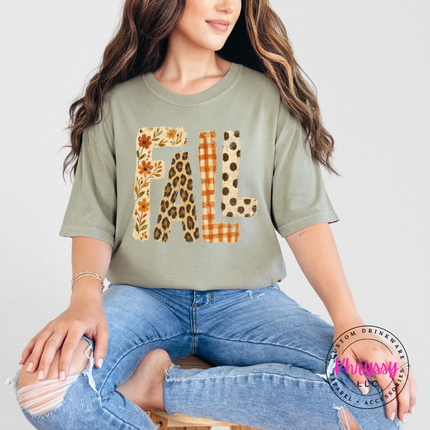 Khaki tee with the retro FALL floral and plaid lettering print