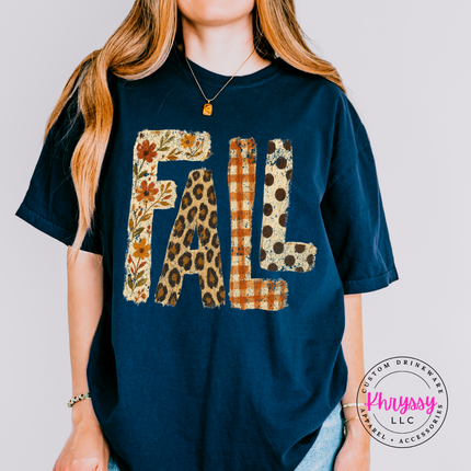 True Navy tee with the FALL leopard plaid and floral letters graphic