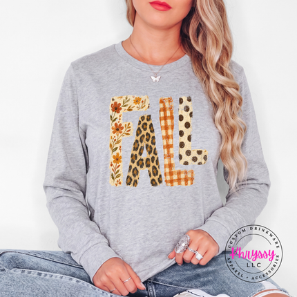 Athletic Heather long sleeve tee with the FALL leopard plaid and floral letters graphic