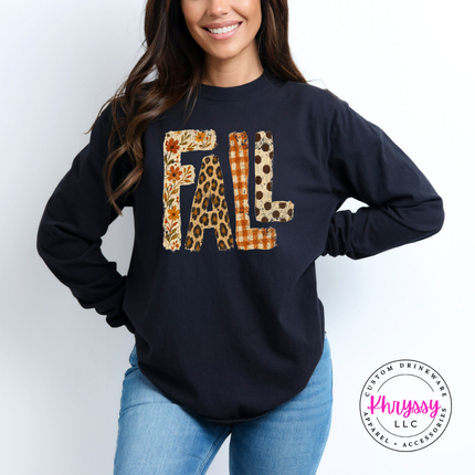 Black long sleeve tee with the fall patterned letters leopard and polka dot design