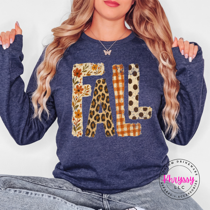 Heather Navy long sleeve tee with the autumn leopard print FALL graphic