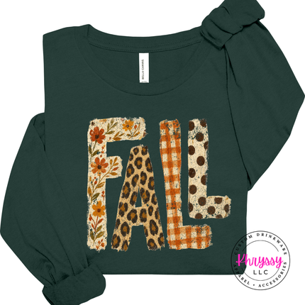 Forest long sleeve tee with the retro FALL floral and plaid lettering print