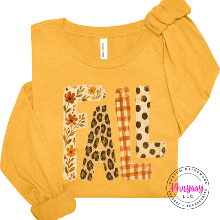 Heather mustard tee with buffalo plaid and leopard print FALL graphic.