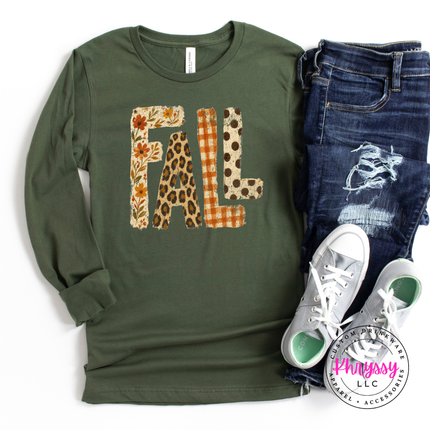 Military Green long sleeve tee with the fall patterned letters leopard and polka dot design