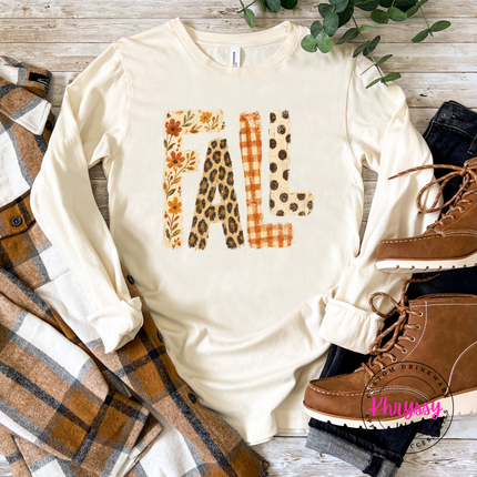 Natural long sleeve tee with the retro FALL floral and plaid lettering print